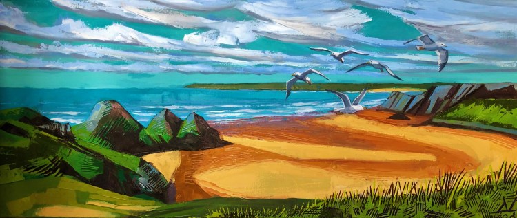 oil  painting of 3 cliffs bay