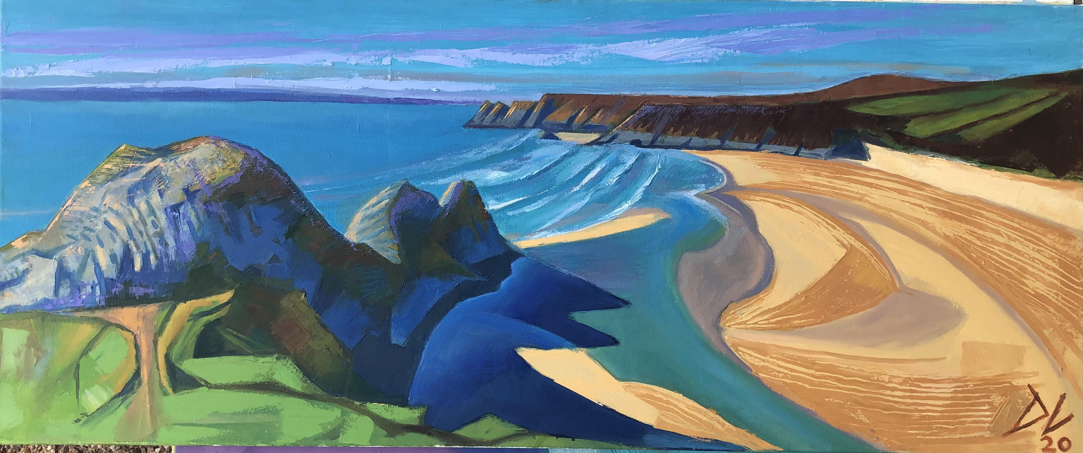 oil painting of three cliffs bay